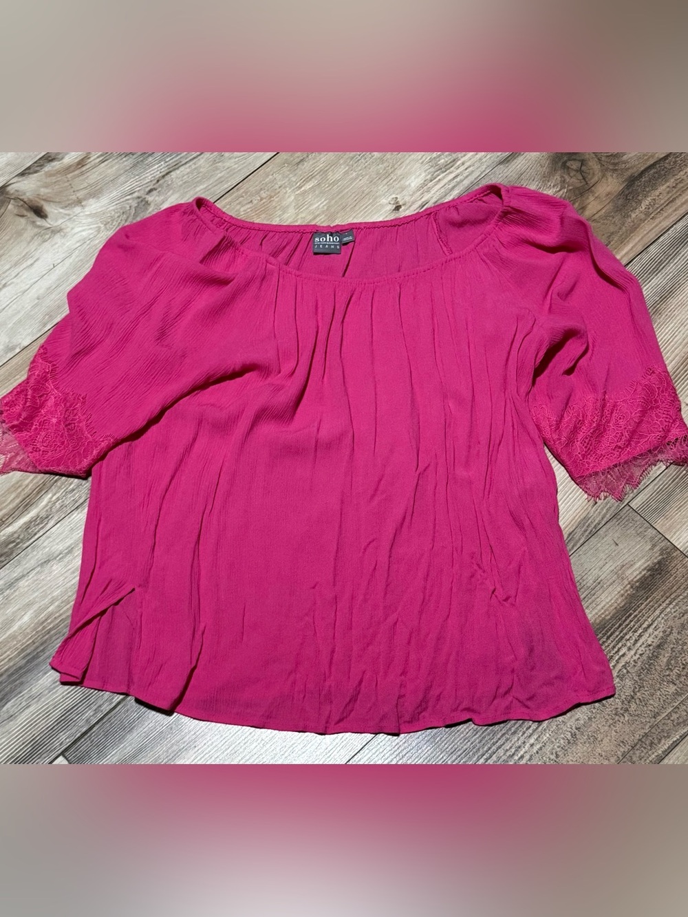 Soho Fuchsia Pleated Scoop Neck Lace Sleeve Blouse